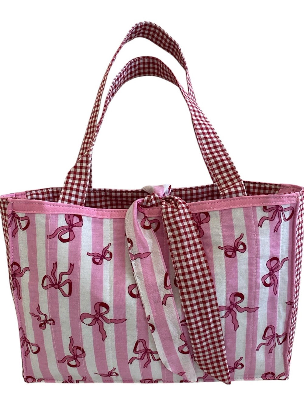 Handmade Pink Striped Coquette Bow Print Bandana Tote Bag
